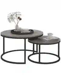 HOMCOM 2 Pcs Stacking Coffee Table Set Steel Frame Marble-Effect Top Foot Pads