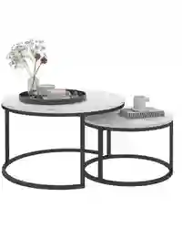 HOMCOM 2 Pcs Stacking Coffee Table Set Steel Frame Marble-Effect Top Foot Pads